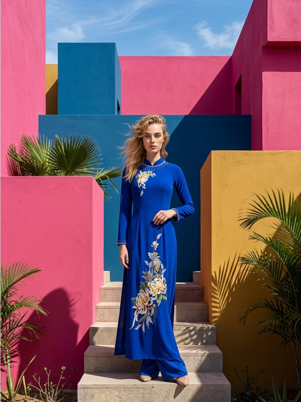Embroidered Royal Blue Long Sleeve Maxi Dress